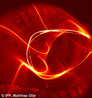 “文德爾施泰因 7-X”裝置內(nèi)并聯(lián)環(huán)路的電子束，顯示出沿著磁場線的軌跡。